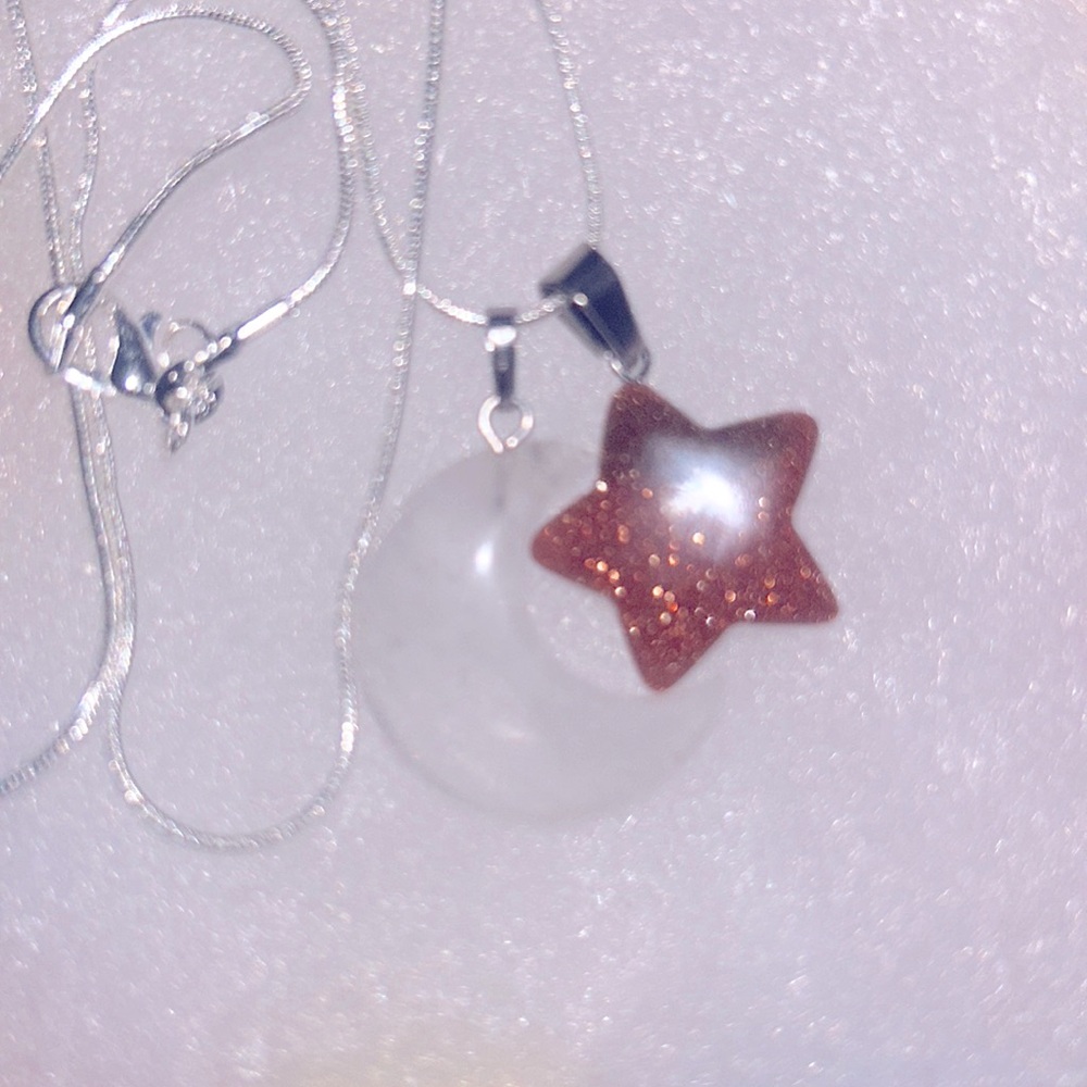 Boho hippie Quartz Crystal moon and Goldstone Star Sterling Silver Ne…